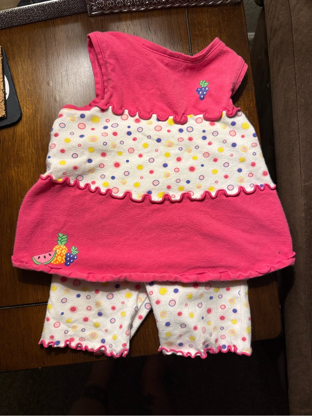 Y2K/Vintage Class Club Baby Pink Polka Dot & Fruit Ruffled Tank Top & Shorts set